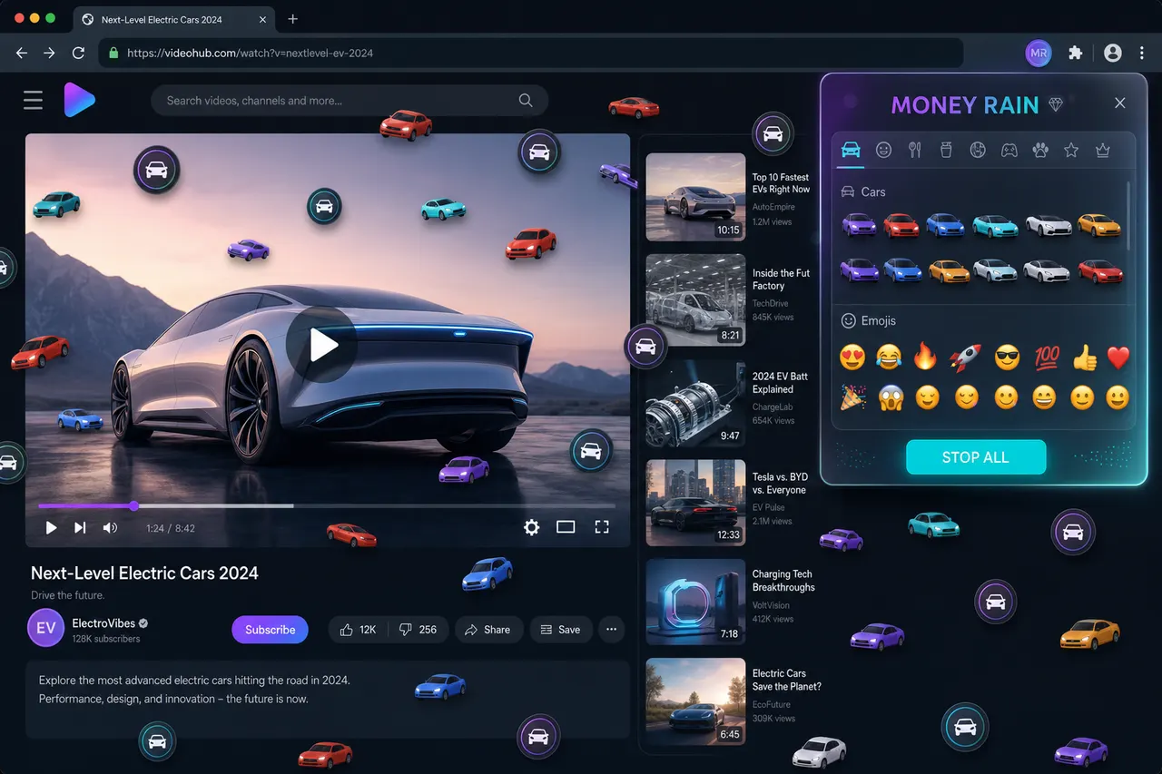 Car icons raining over a video page with Money Rain controls