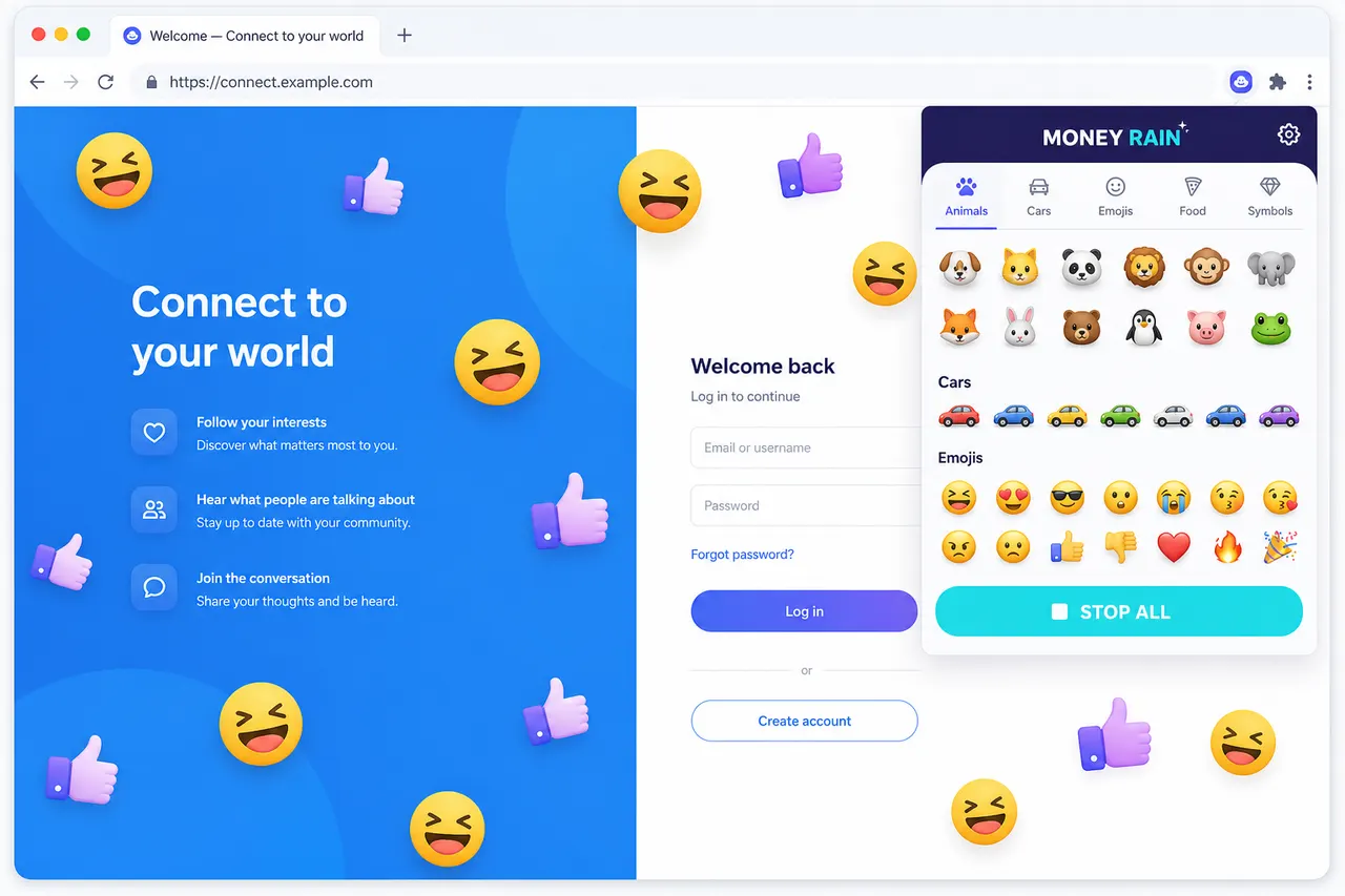 Emoji rain over a webpage with Money Rain category picker