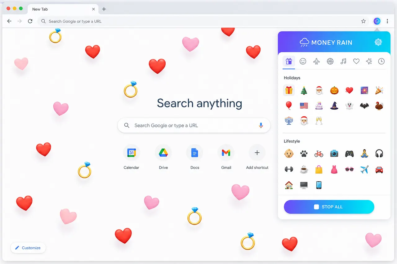 Hearts and rings raining over a search page