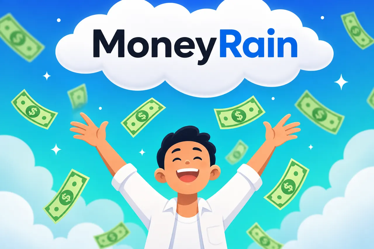 Money Rain character celebrating under falling dollar bills
