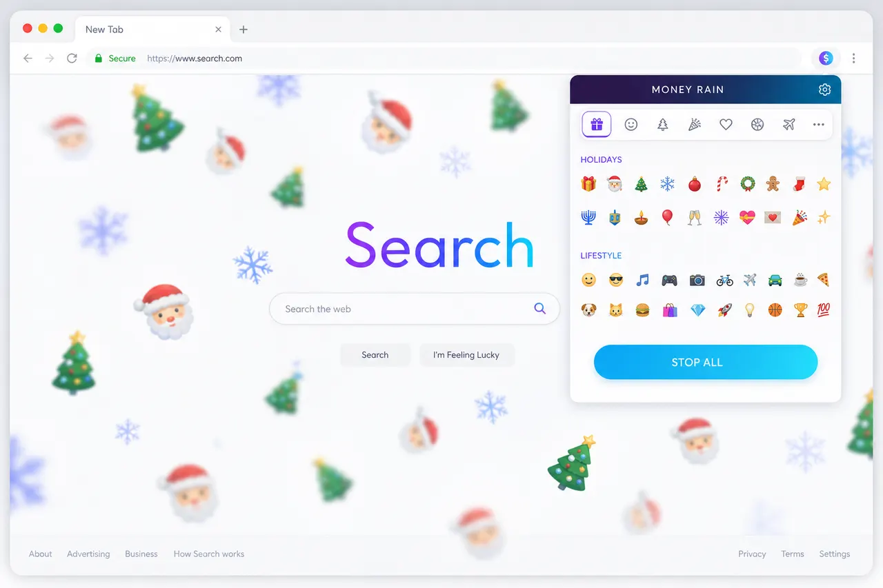 Holiday icons raining over a webpage with the Money Rain popup